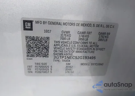 2018 GMC Sierra 1500 Slt z USA, uszkodzony, nr VIN 3GTP1NEC5JG193495